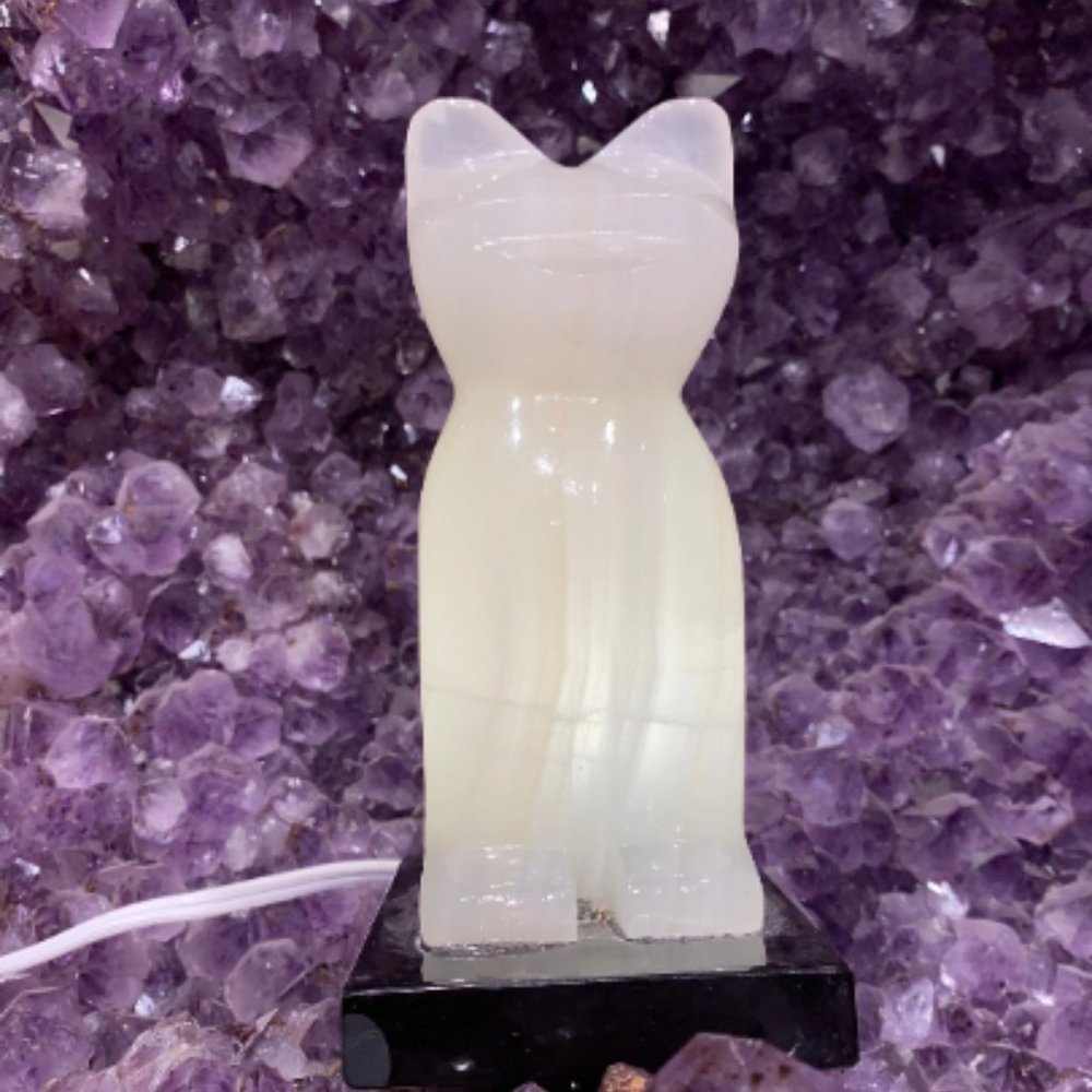 White Onyx Cat Lamp with Bulb and Cord